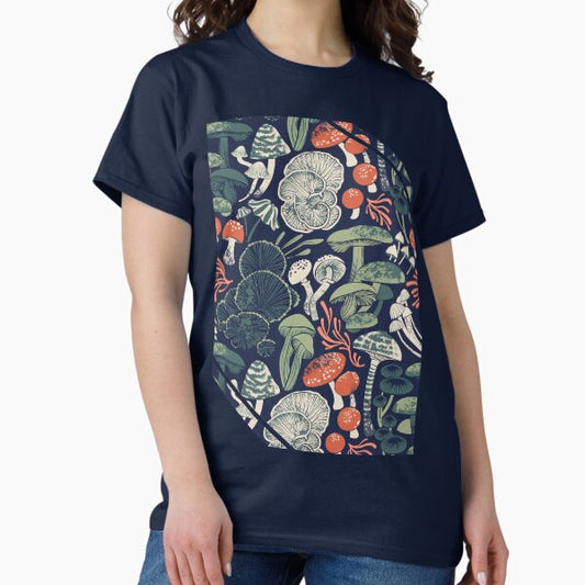 Mystical fungi // midnight blue background sage and forest green orange wild mushrooms T-Shirt