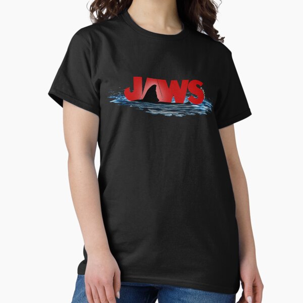 JAWS LOGO with GREAT WHITE SHARK FIN EMERGING FROM THE OCEAN SURFACE T-Shirt