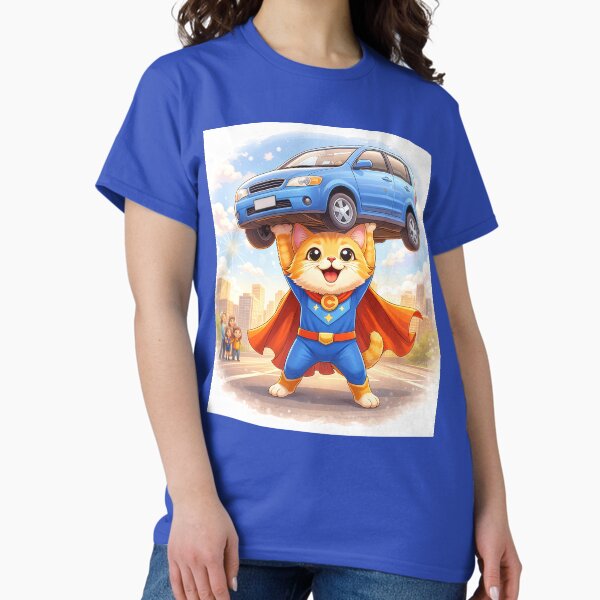 Superhero Cat Lifting a Car – Cute Animal Hero Saving the Day | Kawaii Cartoon Illustration T-Shirt