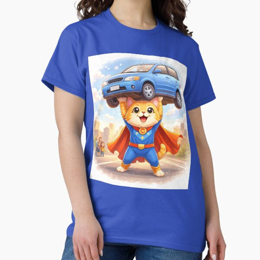Superhero Cat Lifting a Car – Cute Animal Hero Saving the Day | Kawaii Cartoon Illustration T-Shirt