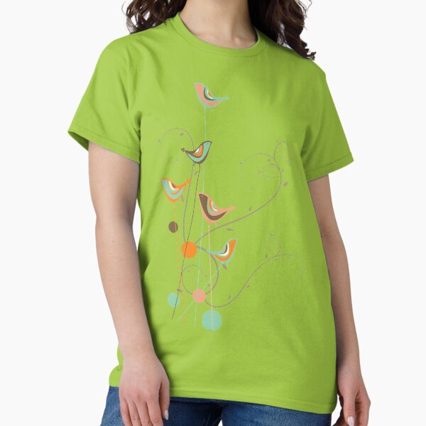 Colorful Summer Orange, Chocolate and Mint Whimsical Birds with Swirls © fatfatin T-Shirt