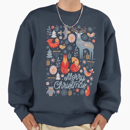 The pattern of animals, flowers, trees, birds. The Scandinavian style. Folk art. Christmas pattern. Sweatshirt
