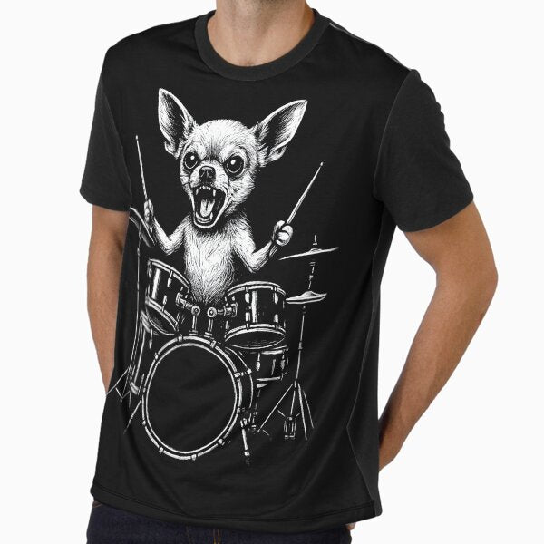 Rock Chihuahua Drummer — Fierce Metal Dog on Drums Graphic T-Shirt