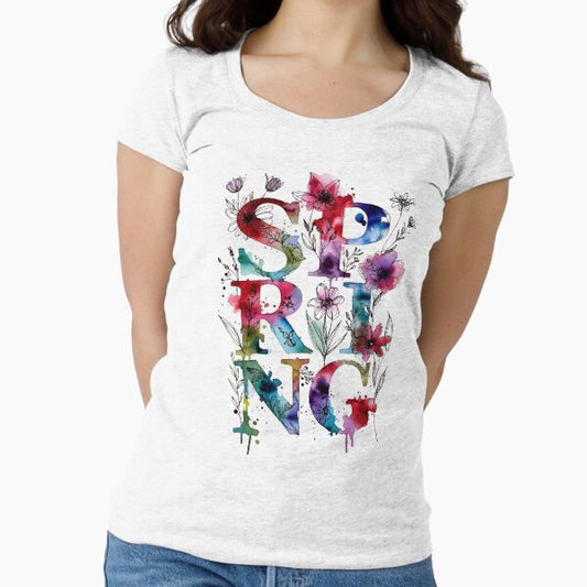 Spring Watercolor Floral Letters - Colorful Spring Blossom Typography Art Fitted Scoop T-Shirt
