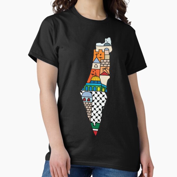 I Love Palestine My Homeland Palestinian Map with Kufiya Hatta Pattern and Most Sacred Cites -wht T-Shirt