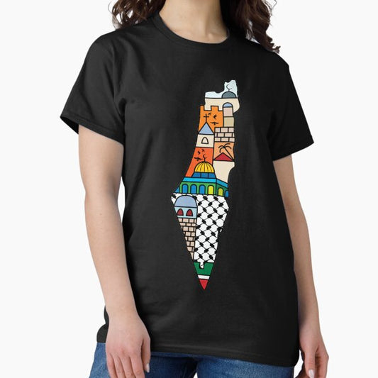I Love Palestine My Homeland Palestinian Map with Kufiya Hatta Pattern and Most Sacred Cites -wht T-Shirt