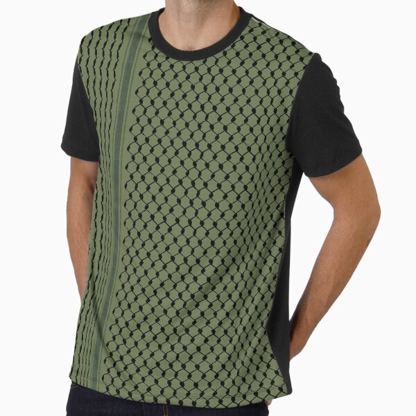 Palestinian Hatta Kufiya Folk Pattern #2-Olive Green, Palestine Arabic Traditional Keffiyeh Design Graphic T-Shirt