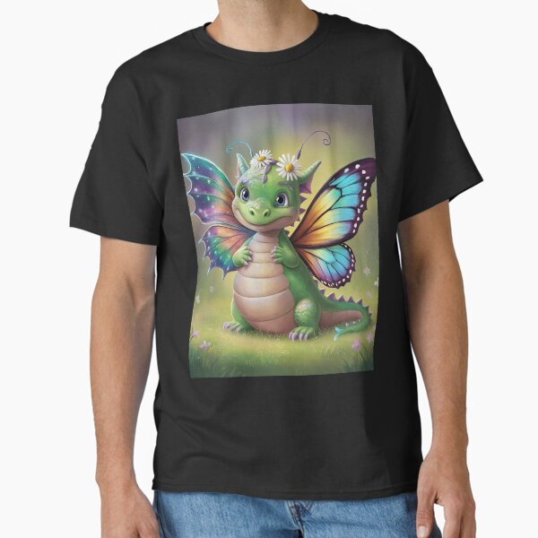 Cute dragon smiling fantasy cute dragon with butterfly wings with flowers on a green meadow,Legendary Animals,dragon art,Legendary dragon T-Shirt