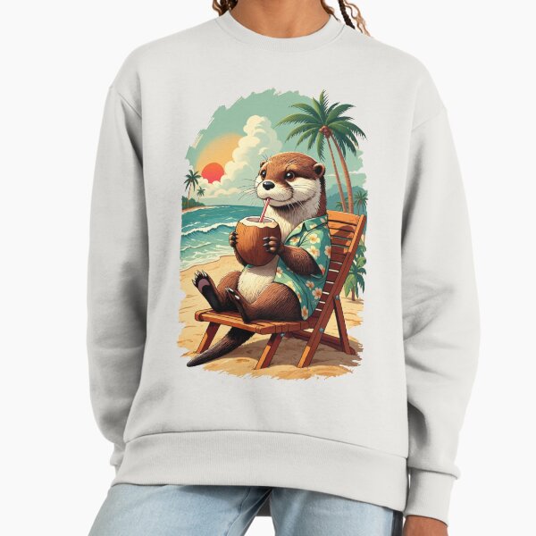 Vintage Tropical Otter Drinking Coconut Illustration Sweatshirt