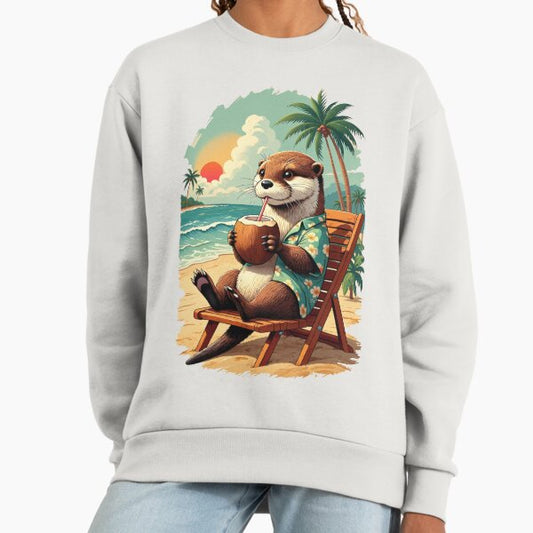 Vintage Tropical Otter Drinking Coconut Illustration Sweatshirt