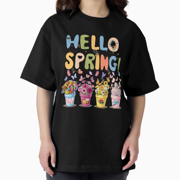 Hello Spring Floral Pots Illustration - Colorful Watercolor Garden with Butterflies and Bees T-Shirt