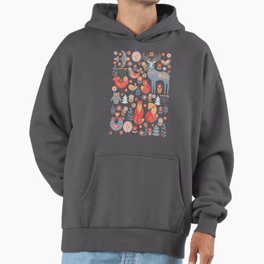 Seamless pattern with winter forest, deer, owl and Fox. The Scandinavian style. Hoodie
