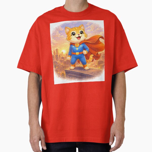 Superhero Cat Standing Over City – Cute Cat Hero on Rooftop | Kawaii Comic Superhero Art T-Shirt