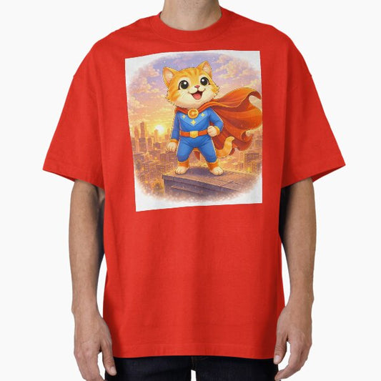 Superhero Cat Standing Over City – Cute Cat Hero on Rooftop | Kawaii Comic Superhero Art T-Shirt