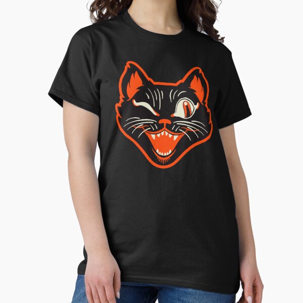 CTKR Studio Retro Style Vintage Inspired Halloween Black Cat Winking Face T-Shirt