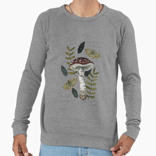 Amanita Muscaria with moths and leaves botanical illustration Lightweight Sweatshirt