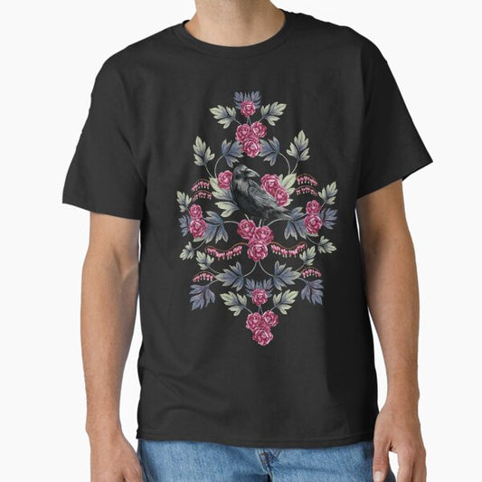 Crow, Bleeding Heart & Roses Floral/Botanical Pattern T-Shirt