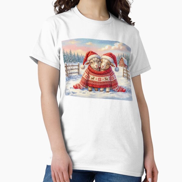 Cute Christmas Goats Trying on Their Father`s Jumper Whimsical Winter Farm Illustration T-Shirt