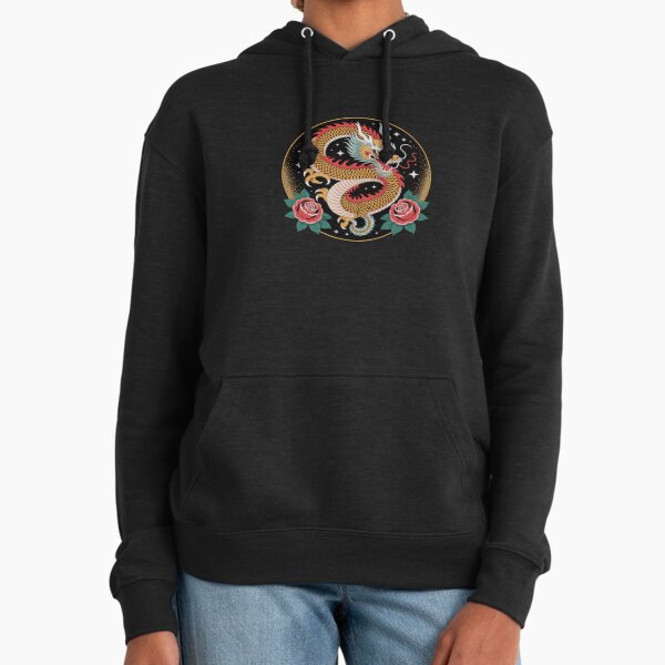 Japanese dragon with blooming red roses flowers ,Legendary Animals,dragon art,Legendary dragon Hoodie