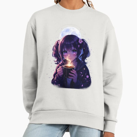 Cozy Night Anime Girl Coffee Moon Glow Aesthetic Design Sweatshirt
