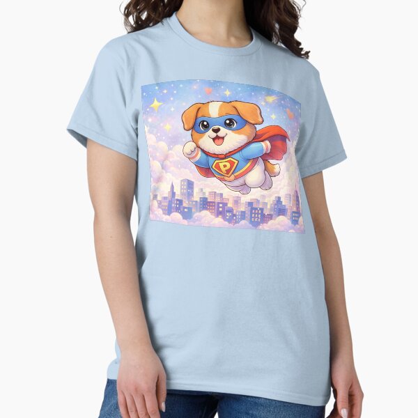 Superhero Puppy Flying Over City | Cute Kawaii Dog Hero Cartoon Illustration T-Shirt