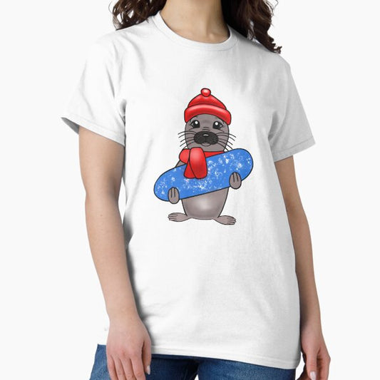Cute Seal Holding A Snowcovered Snowboard T-Shirt