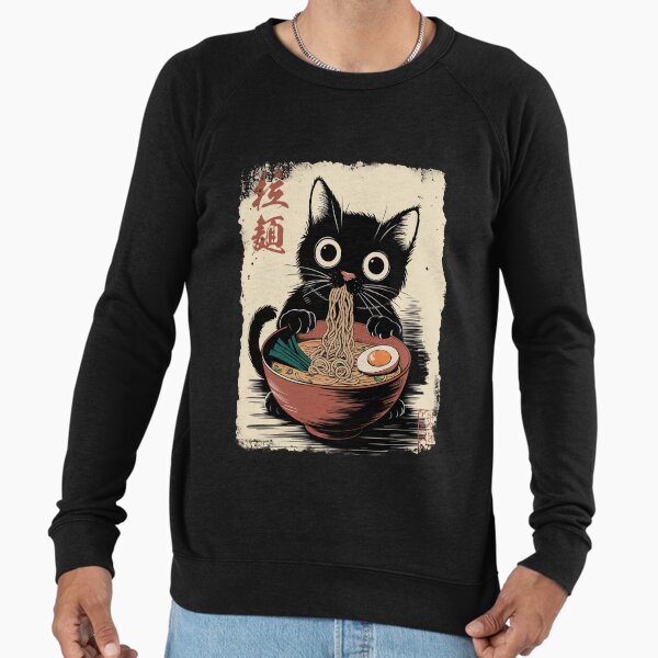 Ramen Cat - Black Cat Eating Ramen - Japanese Noodles - Cute Anime Style Art Lightweight Sweatshirt