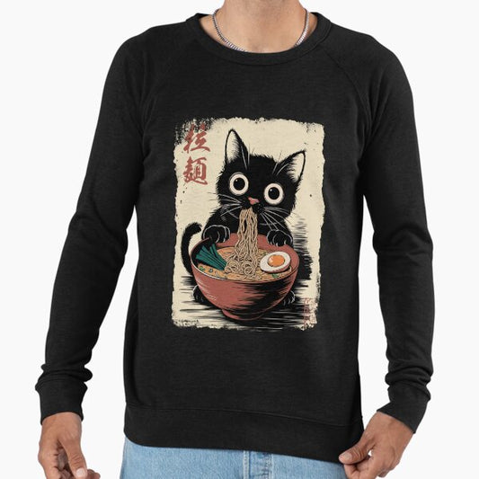 Ramen Cat - Black Cat Eating Ramen - Japanese Noodles - Cute Anime Style Art Lightweight Sweatshirt