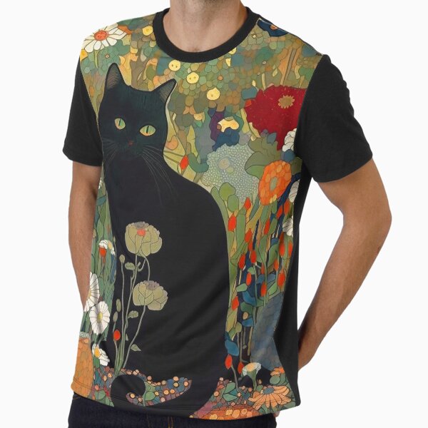 Cat Art Print, Gustav Klimt, Black Cat In A Garden THE ORIGINAL! Graphic T-Shirt