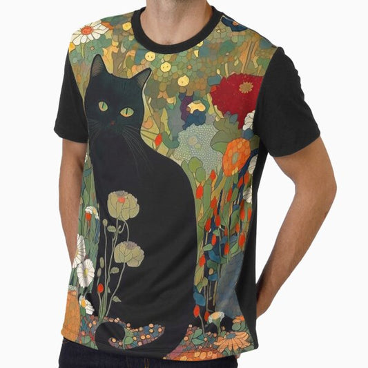 Cat Art Print, Gustav Klimt, Black Cat In A Garden THE ORIGINAL! Graphic T-Shirt