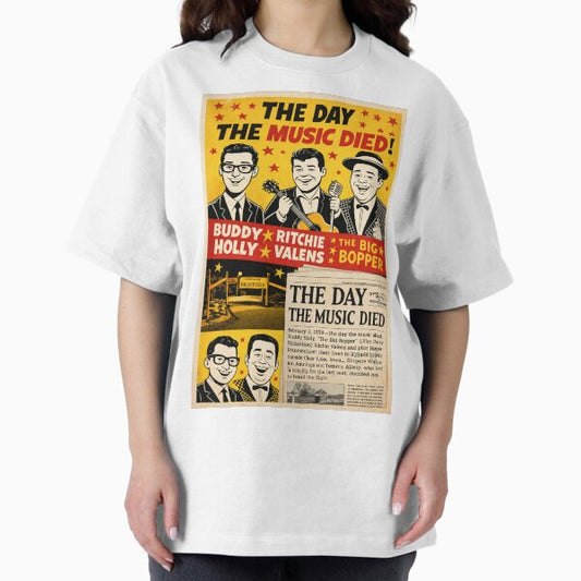 The Day the Music Died 1959 Poster, Buddy Holly Ritchie Valens Big Bopper Tribute, Vintage 1950s Rock and Roll Newspaper Headline Wall Art T-Shirt