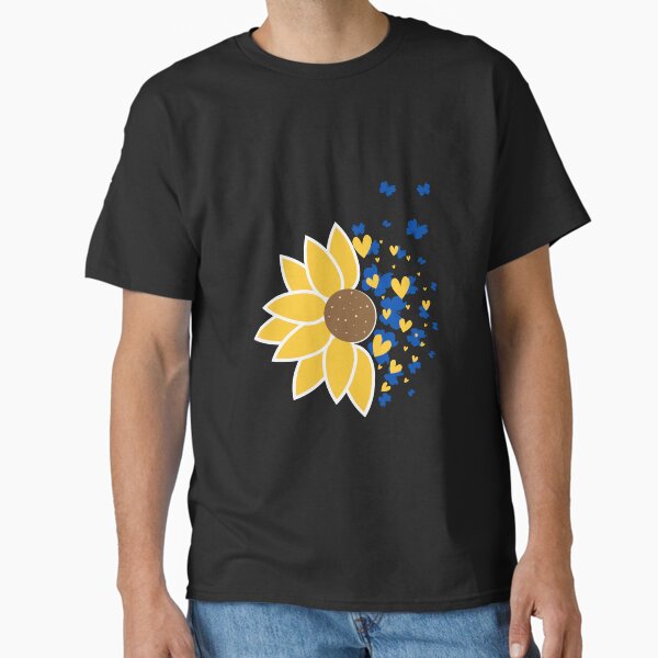 Sunflower with blue butterflies and gold hearts T-Shirt