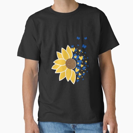 Sunflower with blue butterflies and gold hearts T-Shirt
