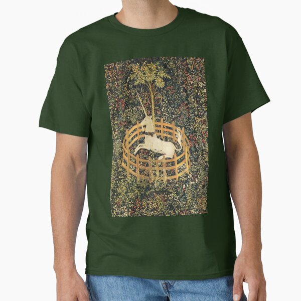 UNICORN IN CAPTIVITY AND GOTHIC FANTASY FLOWERS, GREEN FLORAL MOTIFS T-Shirt