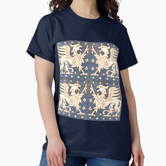 GOLD WHITE GRYPHONS IN BLUE Medieval Bestiary T-Shirt