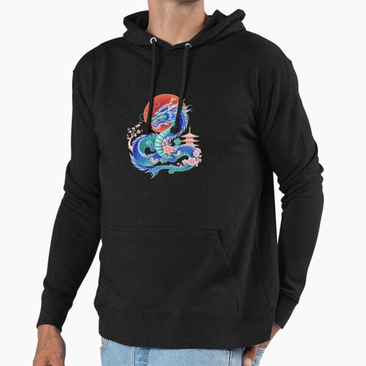 Blue Japanese dragon with blooming sakura and temple ,Legendary Animals,dragon art,Legendary dragon Hoodie
