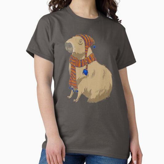 Anime-style Capybara Just Sitting There with Hat and Scarf T-Shirt