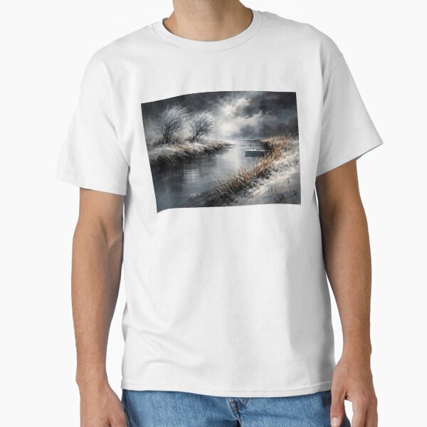 Winter River with Lonely Boat T-Shirt