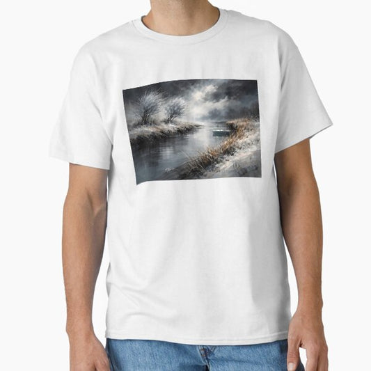 Winter River with Lonely Boat T-Shirt