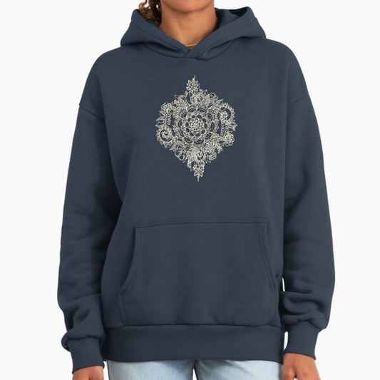 Cream Floral Moroccan Pattern on Deep Indigo Ink Hoodie