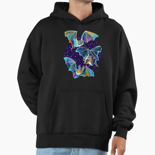 Psychedelic Bat Trio Pattern on Blue Hoodie