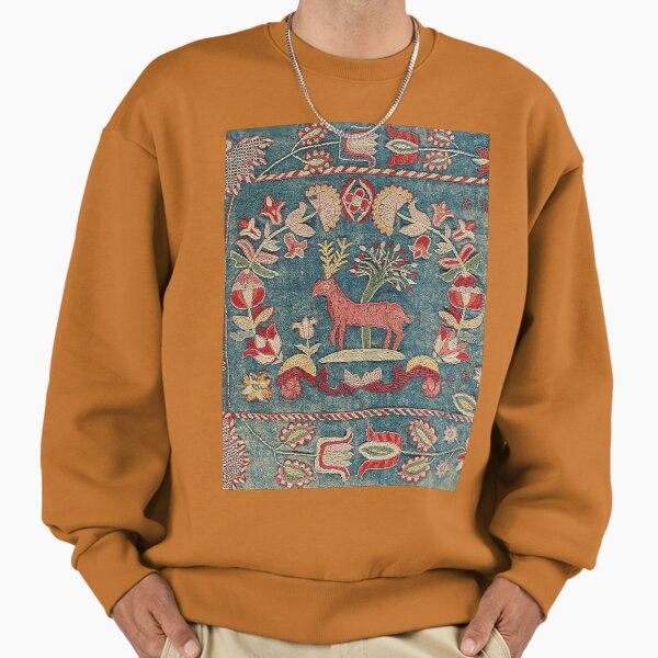 ANTIQUE RED BLUE SWEDISH TAPESTRY WITH DEERS AND FLOWERS Sweatshirt