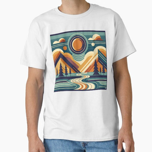 Geometric Mountain Peaks with Winding River T-Shirt