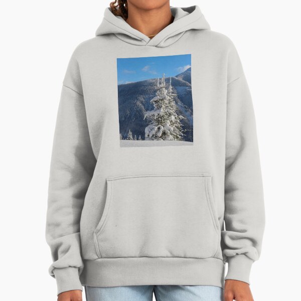 Snow Covered Pine Tree Against Blue Sky Hoodie