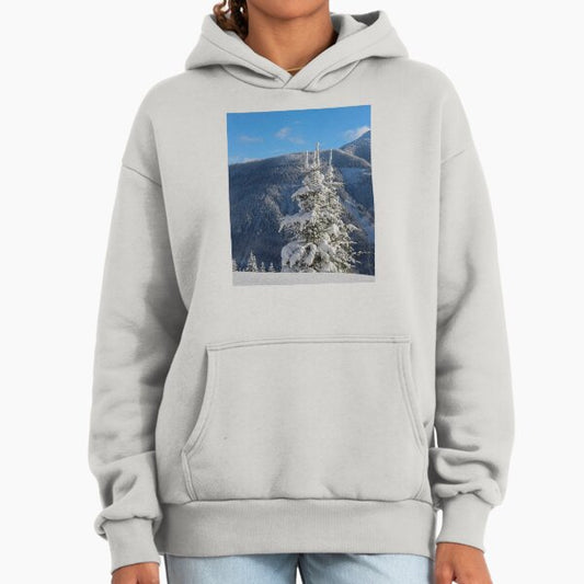 Snow Covered Pine Tree Against Blue Sky Hoodie