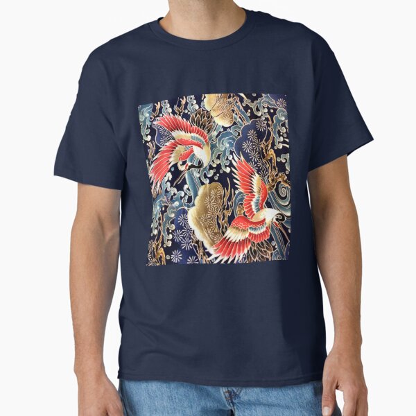 JAPANESE FLYING CRANES ,FLOWERS, SEA WAVES RED NAVY BLUE FLORAL T-Shirt