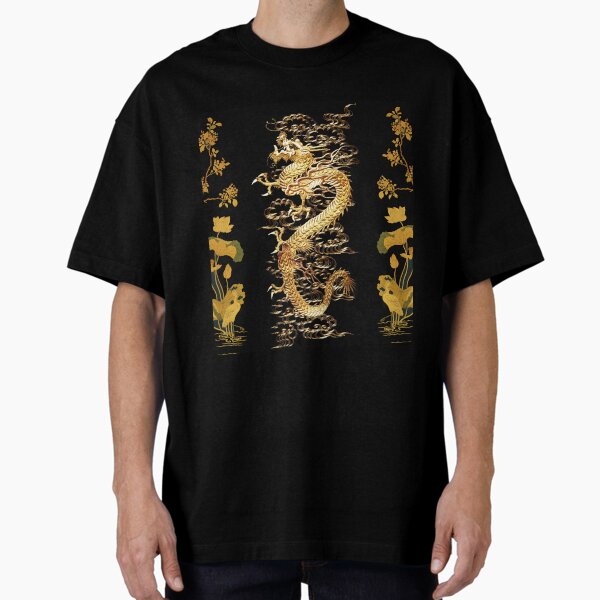 GOLD DRAGON IN BLACK,Egret,Lotus,Green Gold Floral T-Shirt