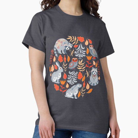 Fairy forest with animals and birds. Raccoons, owls, bunnies and little chick. T-Shirt