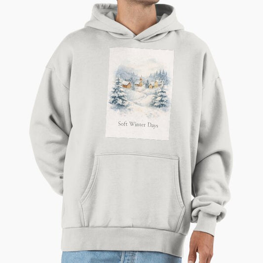 Soft Winter Days – Cozy Snow Village Watercolor Illustration Hoodie
