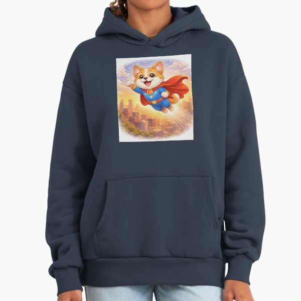 Flying Superhero Dog Over the City – Cute Dog Hero in the Sky | Animal Superhero Illustration Hoodie